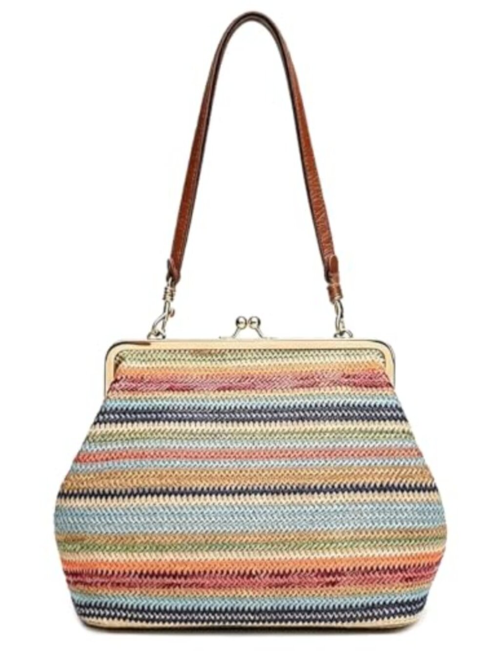 Large Women's Kiss Lock Bag Woven Purse Retro PU Top Handle Tote Handbag